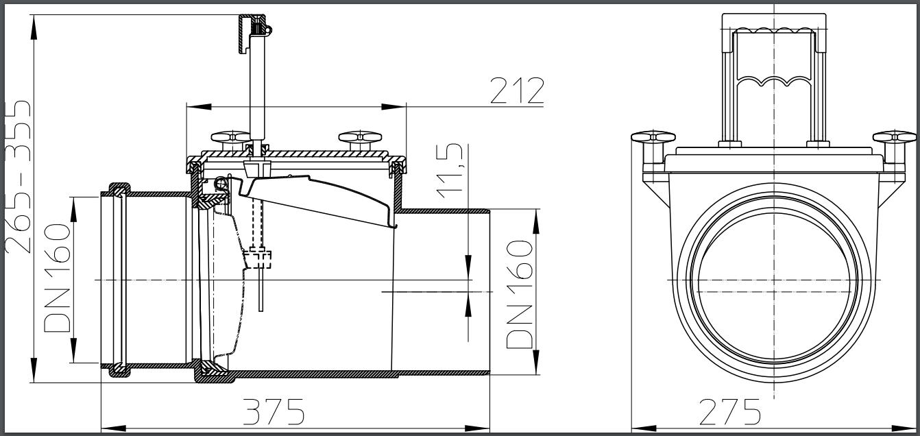 Clapeta de sens unic D.160 PVC orizontala (сlapeta din inox si inchizator manual) HL715.1  HL