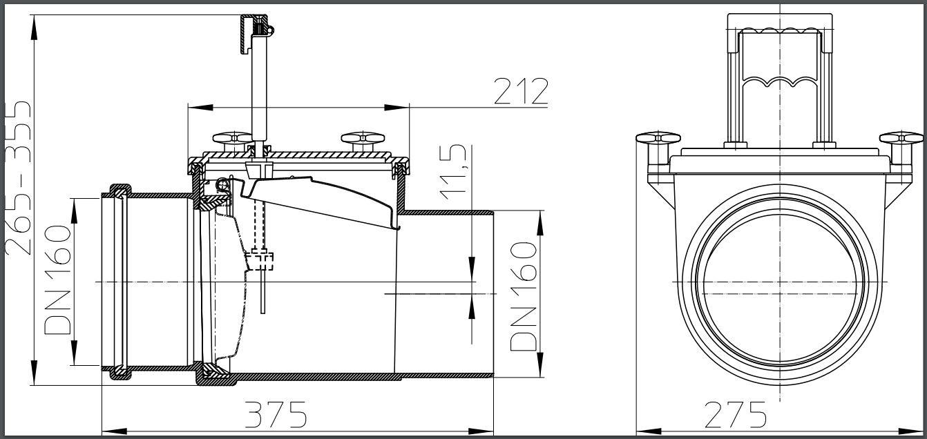 Clapeta de sens unic D.160 PVC orizontala (сlapeta din inox si inchizator manual) HL715.1  HL