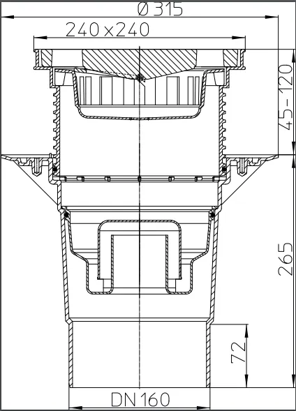 Sifon de pardoseala interior reglabil D.160 cu grila din fonta (240 x 240 mm) 7 t HL616W/5  HL