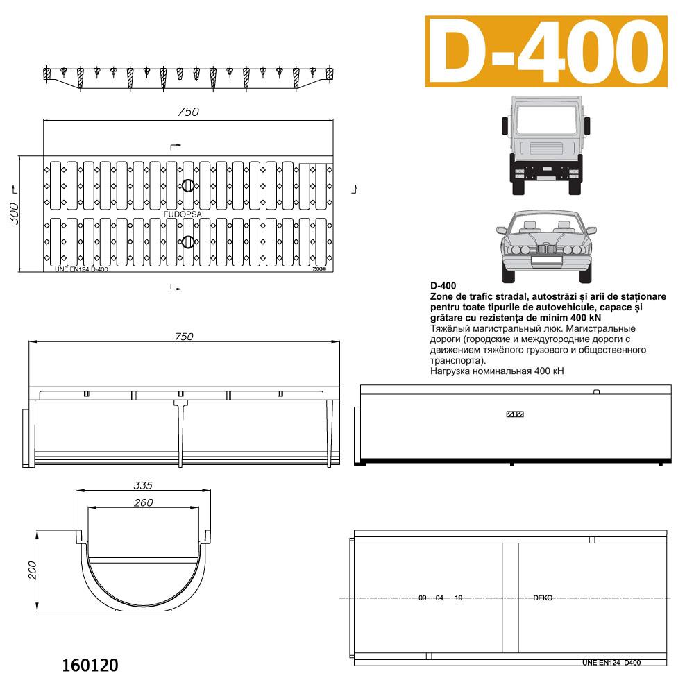 Gratar fonta canalizare cu rigola 750x300x190 mm 41 kg EN124 D400 (tava rotunjita)