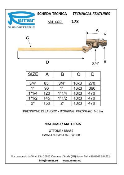 Клапан горизонтальный поплавковый латунный для емкости (без поплавка) D. 1.1/2"  REMER