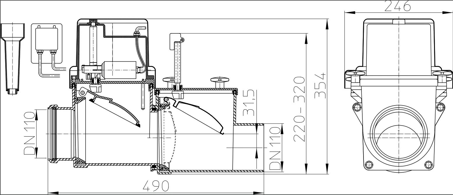 Clapeta de sens unic HL710.2EPC D.110 PVC (clapeta controlat electronic, clapeta din inox si inchizator manual)
