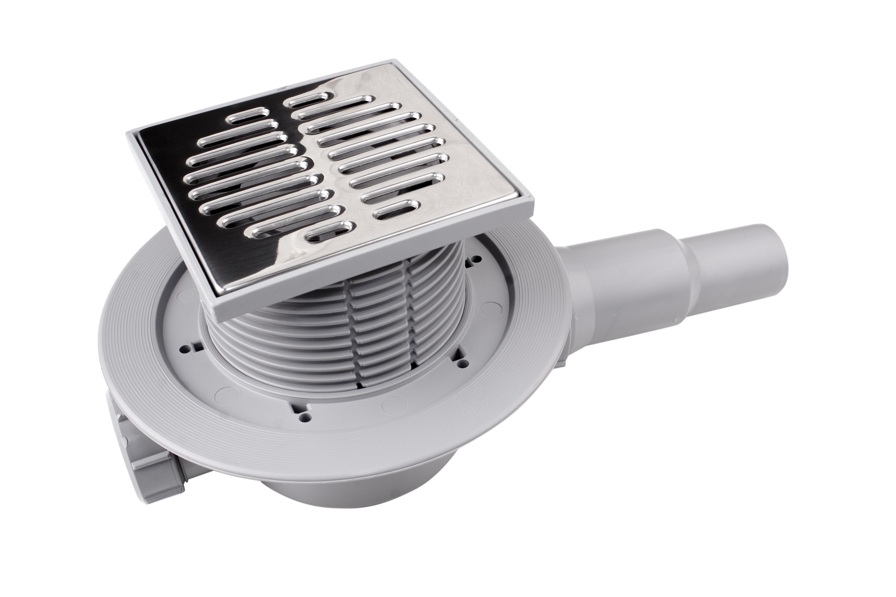 Трап ПП D. 50/40 x 90° горизонтальный (белый), 2 выхода (115 x 115 мм, решетка из нержавеющей стали) HCFG3 MCALPINE