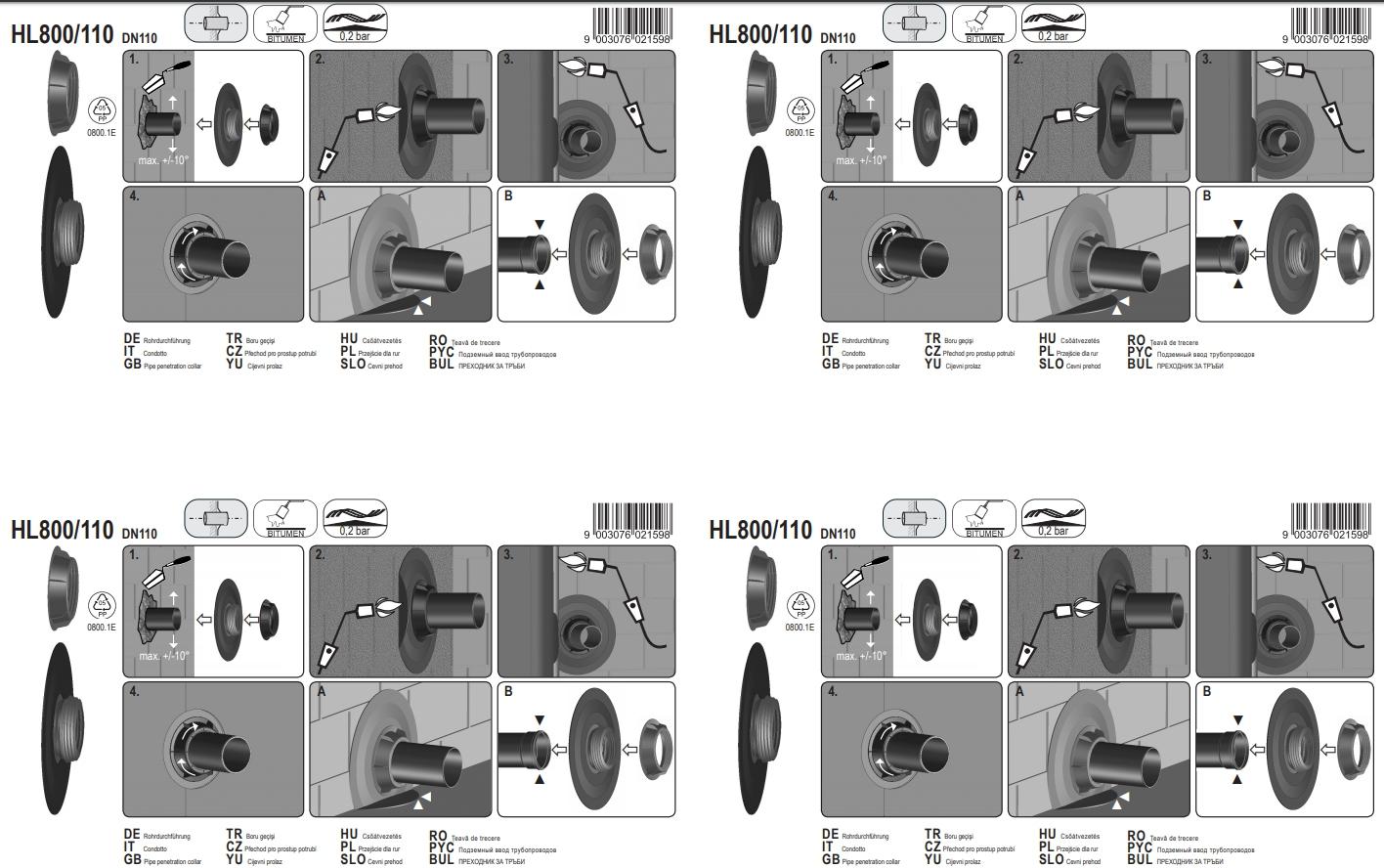 Membrana de trecere prin perete etansa cu manseta din bitum D.110 HL800/110  HL