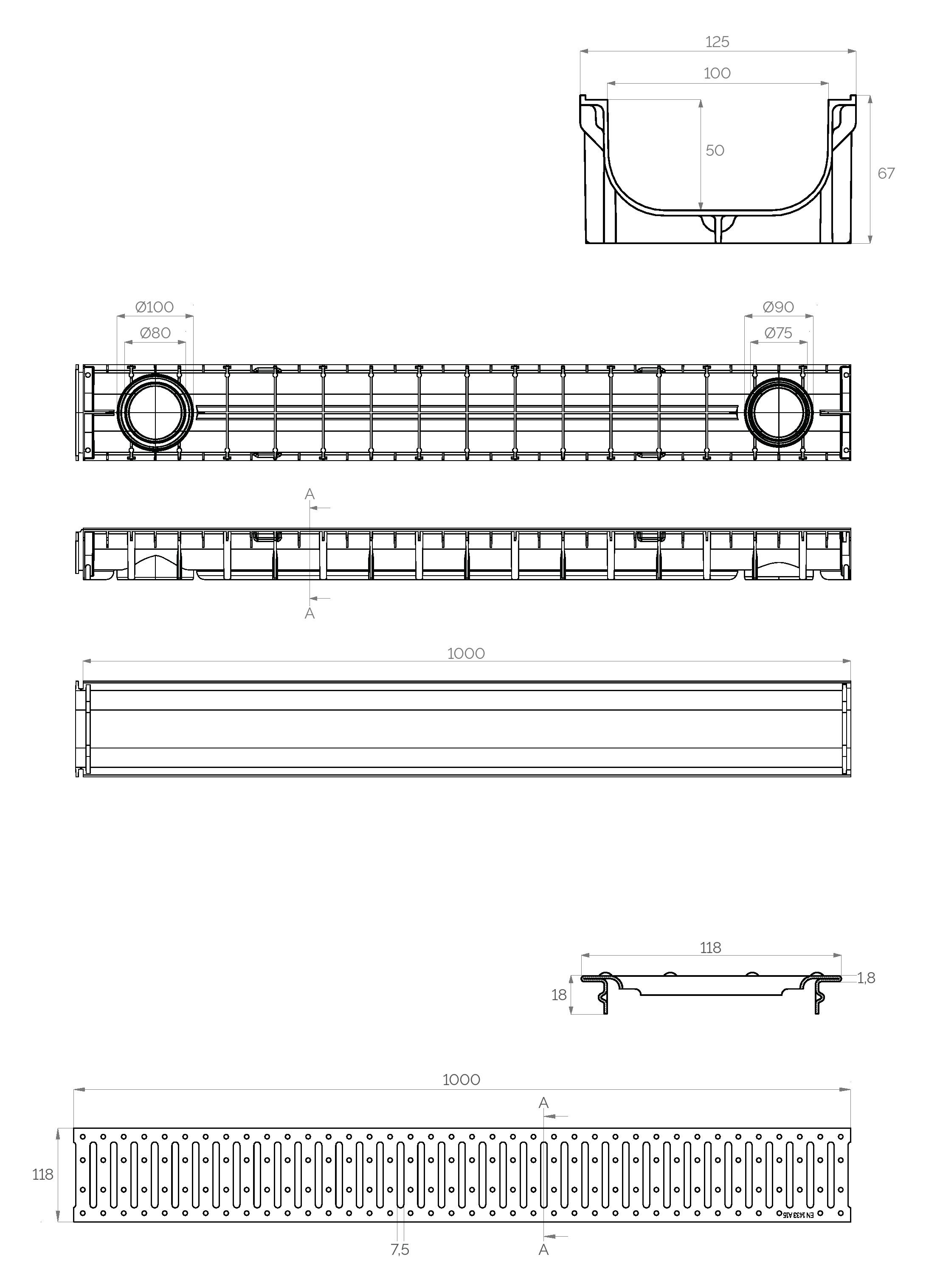 Rigola canalizare PP cu grila din otel zincat A15  100x50x1000 mm (cu iesire verticala D.110x75)  SAB