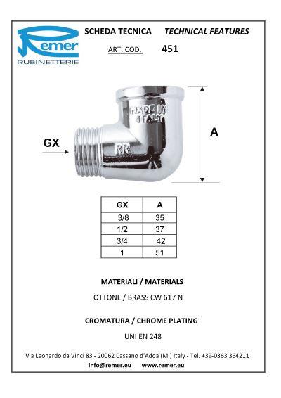 Угол D.  1/2" П/М хромированный Art. 451  REMER