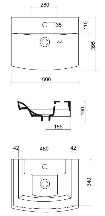 Lavoar ceramica pentru mobilier dreptunghiular 60 FAN (600 x 400 x 150 mm)  CERANO