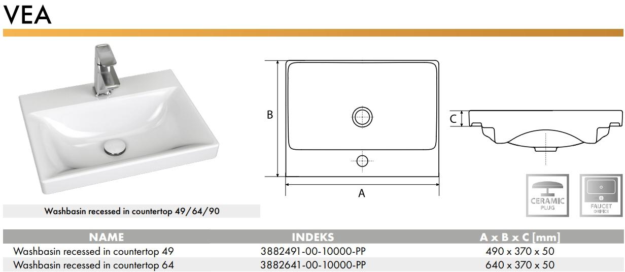 Lavoar ceramica pentru mobilier dreptunghiular 64 VEA (640 x 370 x 50 mm)  CERANO