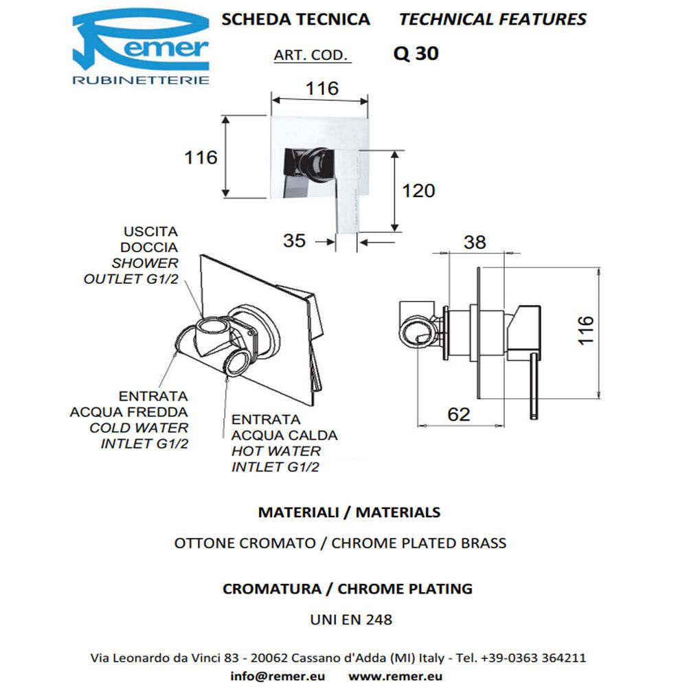 Смеситель для душа скрытого монтажа QUBIKA 30  REMER