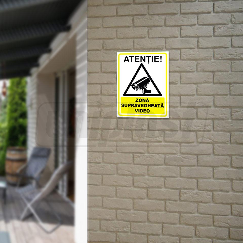 Indicator de avertizare "ZONA SUPRAVEGHEATA VIDEO" Autocolant + Dibond 26 x 20 cm