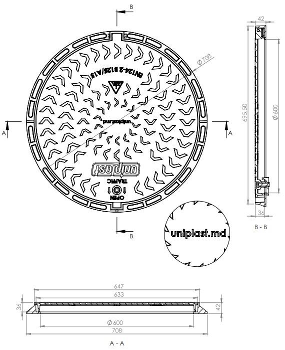 Capac din fonta D.600 EN-124 B125 25 kg cu lacat (633x708x42 mm) IS (TR)