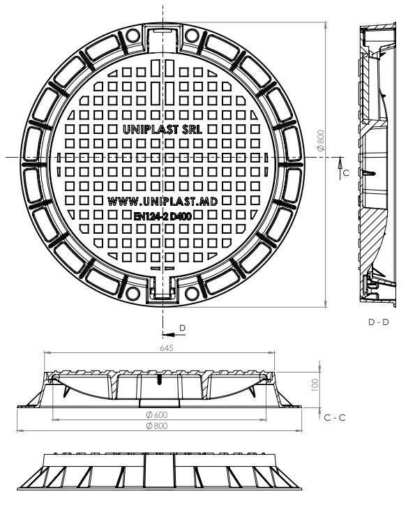 Capac din fonta D.600 EN-124 D400 50 kg cu garnitura din cauciuc (645x792x100 mm) TR