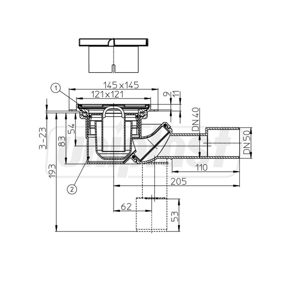 Sifon de pardoseala interior reglabil PP D. 40/50 pentru dus fara grila (123 x 123 mm) HL522KE  HL