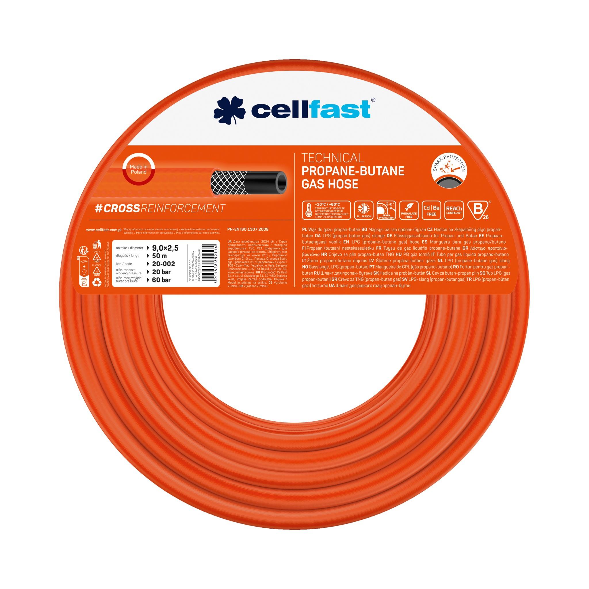 Furtun pentru gaz lichid (propan-butan) D. 9x2.5 (portocaliu) 20-002  CELLFAST L=50 m