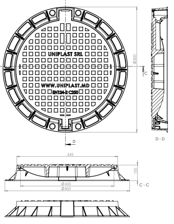 Capac din fonta D.600 EN-124 C250 45 kg cu lacat automat, cu garnitura din cauciuc (645x770x100 mm) TR