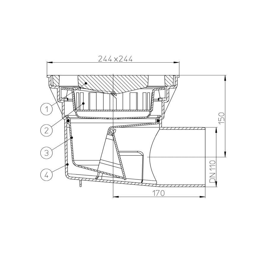 Sifon exterior orizontal D.110 fonta, 244 х 244 mm, H=200 mm, 7 t HL605 HL