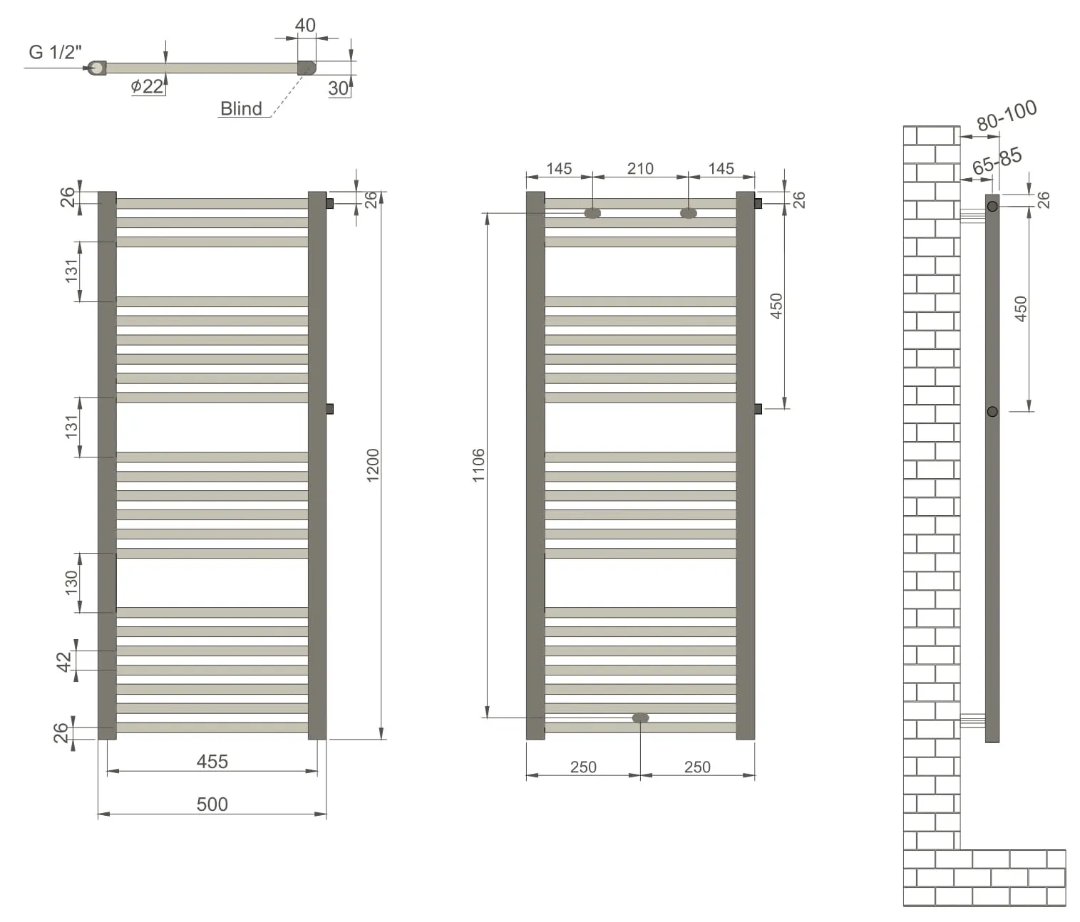 Uscator de prosoape 500 x 1200 mm Flat (crom) Haiti  RADIVA