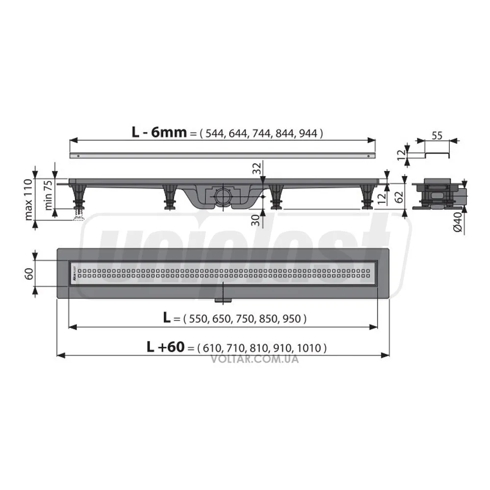 Rigola Liquid L=650 mm, uscat set APZ9-650 ALCAPLAST (10399)
