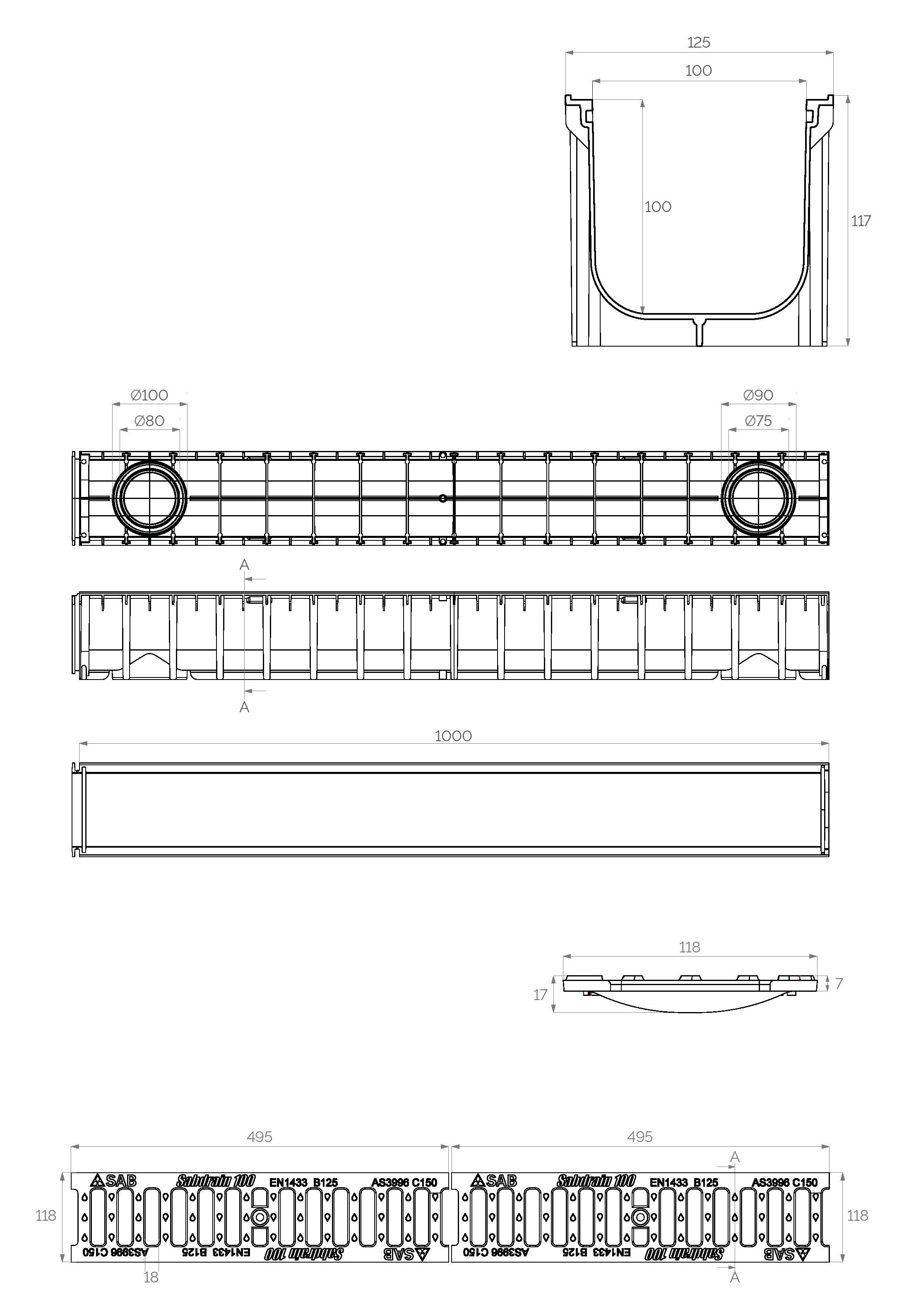 Rigola canalizare PP cu grila din fonta B125 1000x100x100 mm  SAB