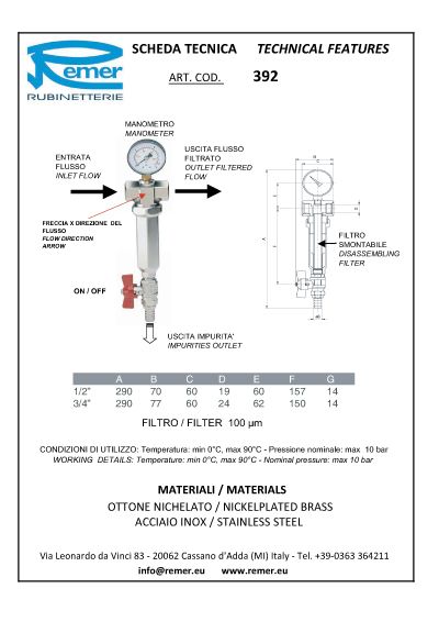 Filtru autocuratire D.  3/4" FI/FI 100 mcm (cu 1 manometru D. 1/4" si robinet golire D. 3/8" FE/FI) Art. 392  REMER