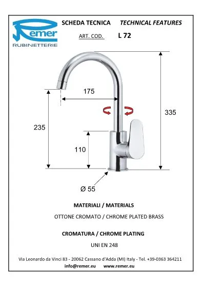 Смеситель для кухни (ухо) высокий для мойки CLASS LINE 72  REMER