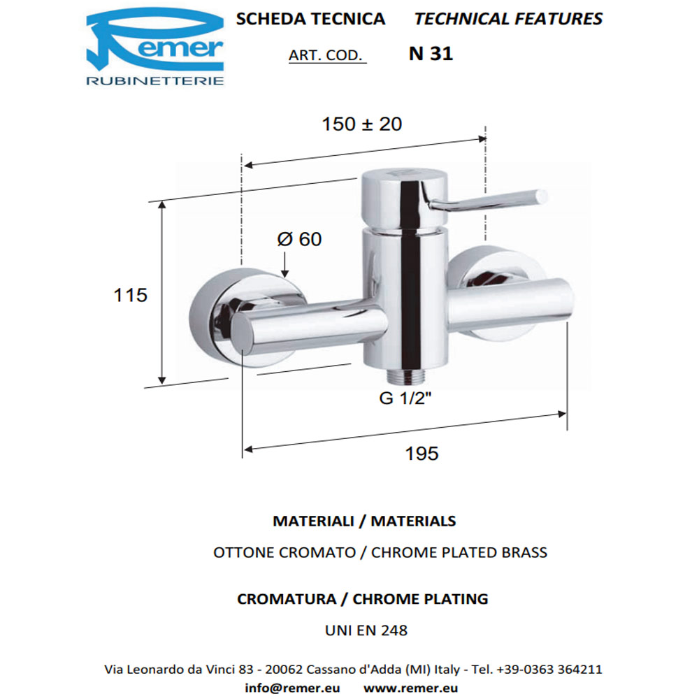 Baterie pentru cabina dus MINIMAL 31CS (crom-satin)  REMER