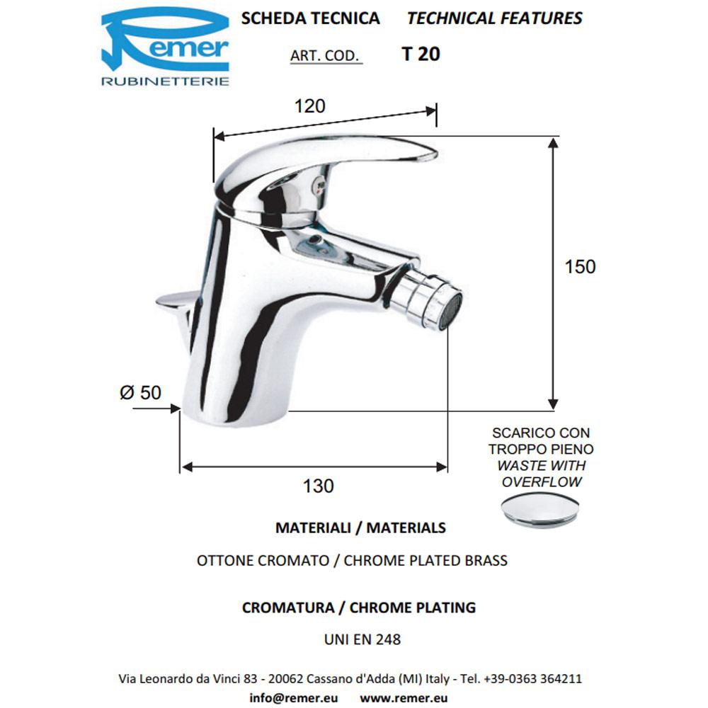 Baterie pentru bideu (crom-satin) cu supapa TEN 20CS  REMER