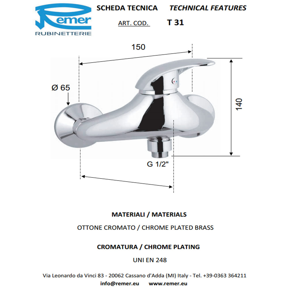 Baterie pentru cabina dus TEN 31CS (crom-satin)  REMER