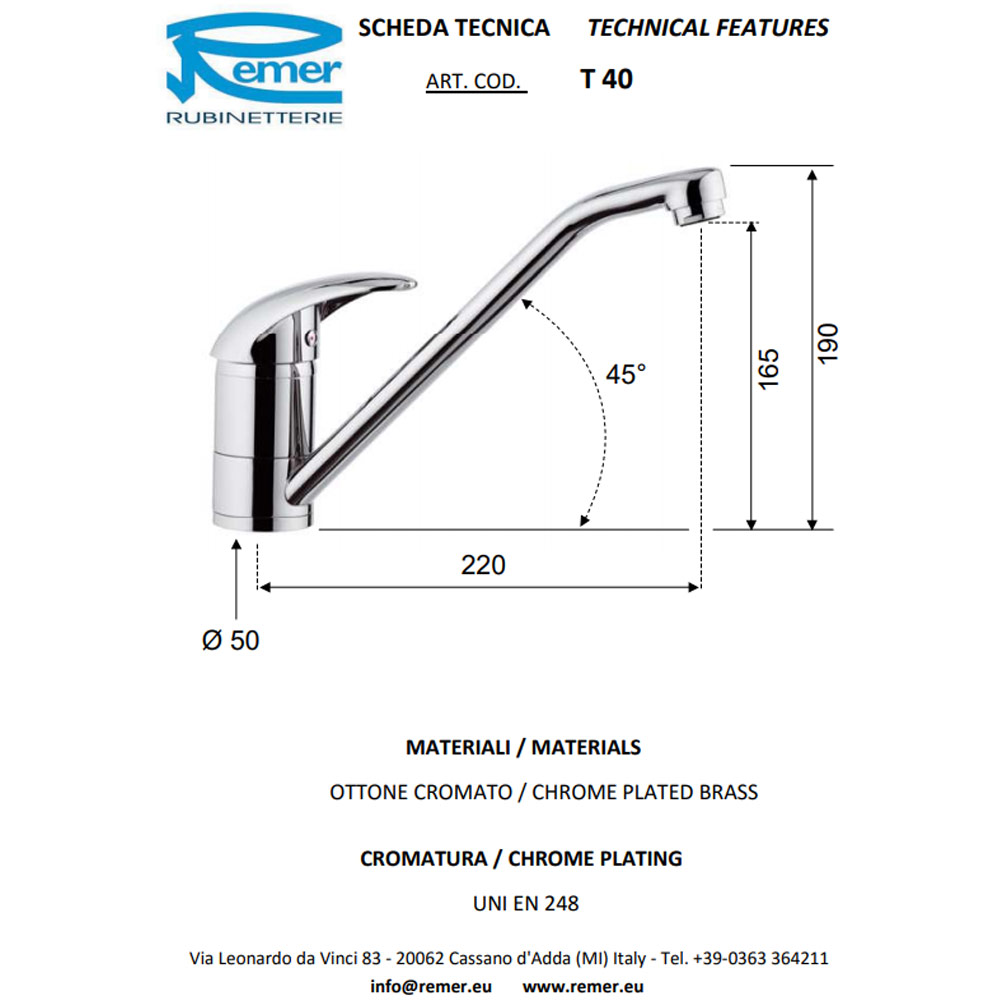 Baterie bucatarie crom-satin verticala TEN 40CS REMER