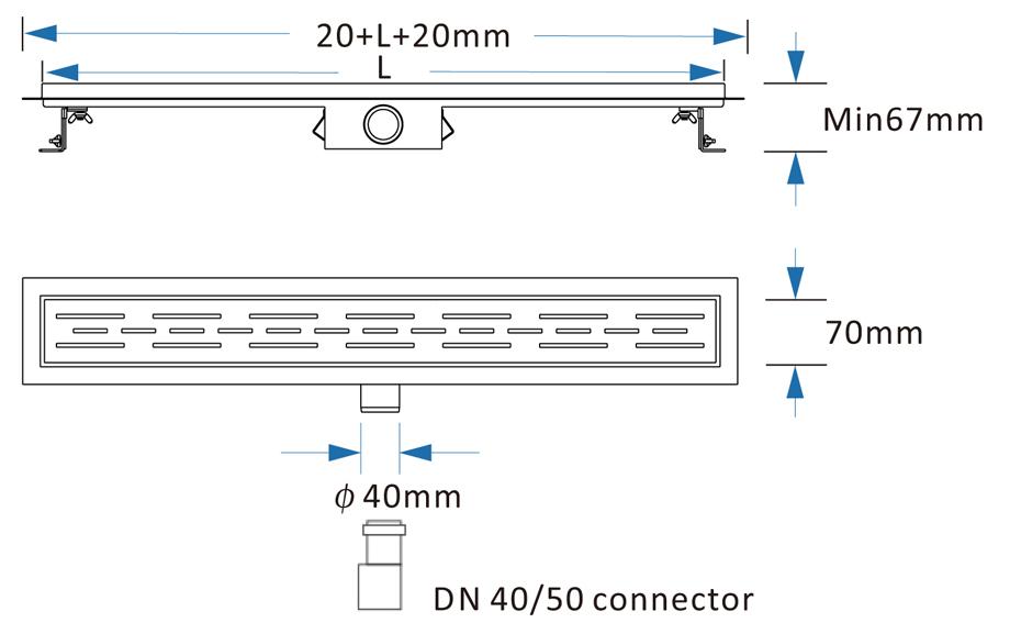 Rigola de dus lineara set 700 x 70 mm D. 50 x 90° SMOOTH (Otel Inox, neted) FLH40-A2 С15  UNIPLAST