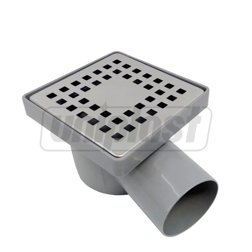 Трап ПП D. 50 x 90° горизонтальный (серый) (100 x 100 x 50 мм, решетка из нержавеющей стали) с гидрозатвором, рама пластиковая M-10  METLINE