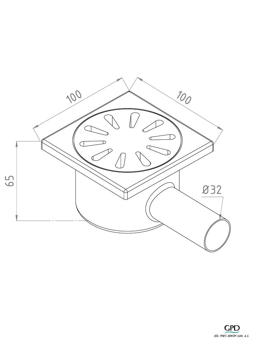 Трап квадратный горизонтальный D. 32 x 90° (100 x 100 x 65 мм) корпус и решетка из нержавеющей стали YSZ07 GPD