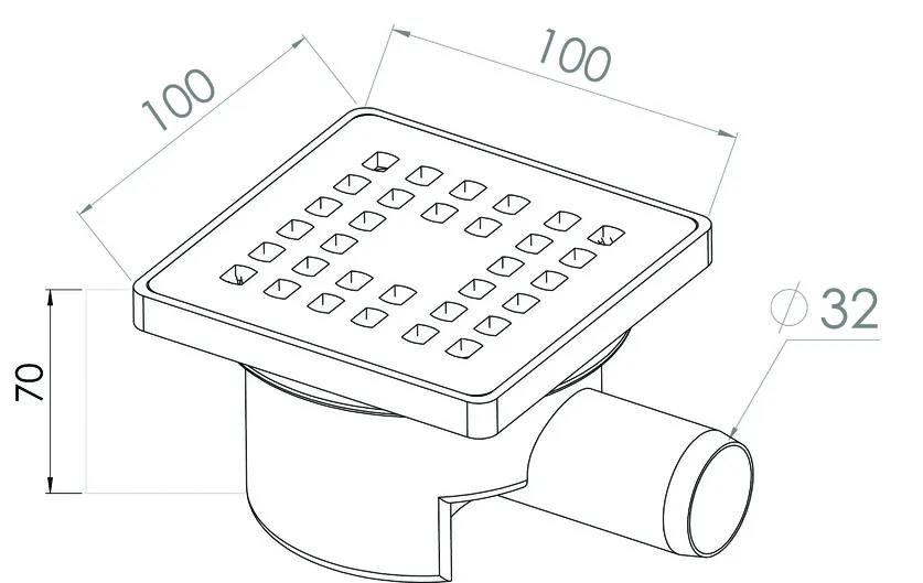 Sifon de pardoseala PP orizontal (alb) D. 32 x 90° cu grila inox (100 x 100 x 70 mm) YSZ04 GPD