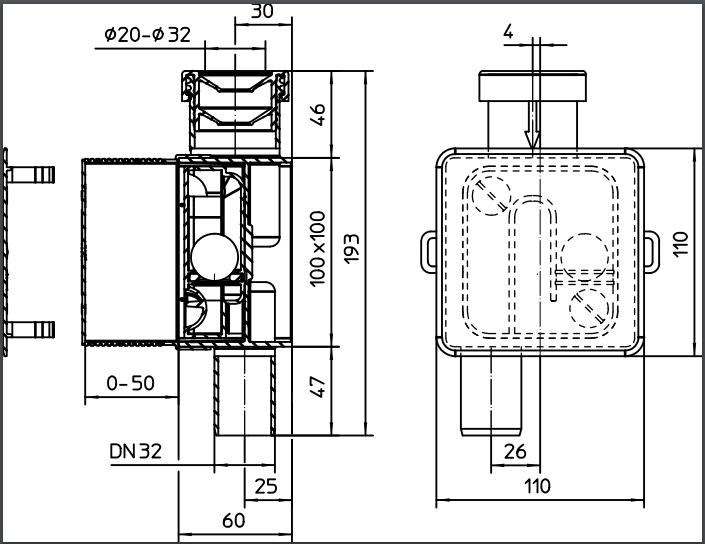 Сифон для кондиционера D. 32 100 x 100 мм скрытого монтажа HL138  HL