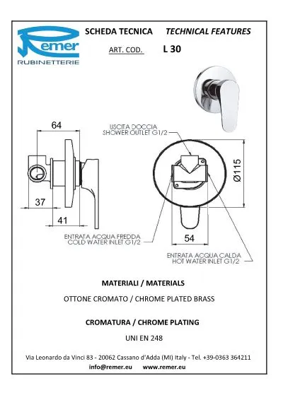 Baterie pentru cabina dus ingropata CLASS LINE 30L  REMER