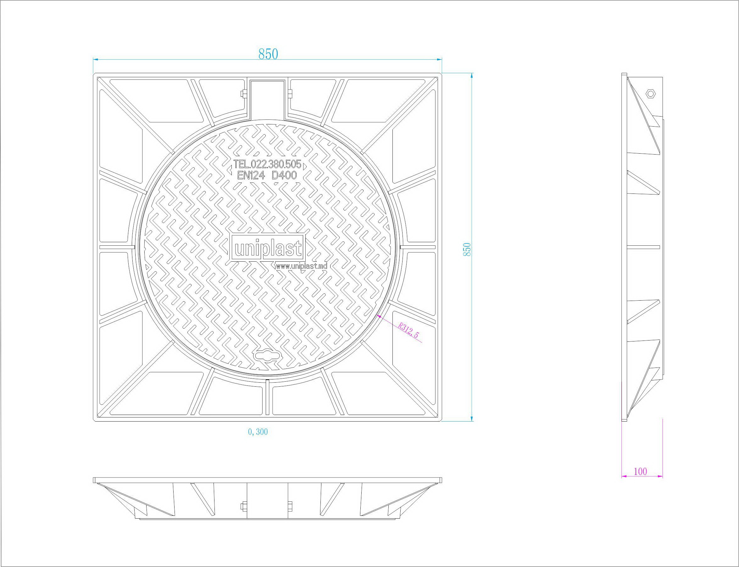 Люк чугунный D.600 EN-124 C250 56 кг квадратная рама (660x850x110 мм)