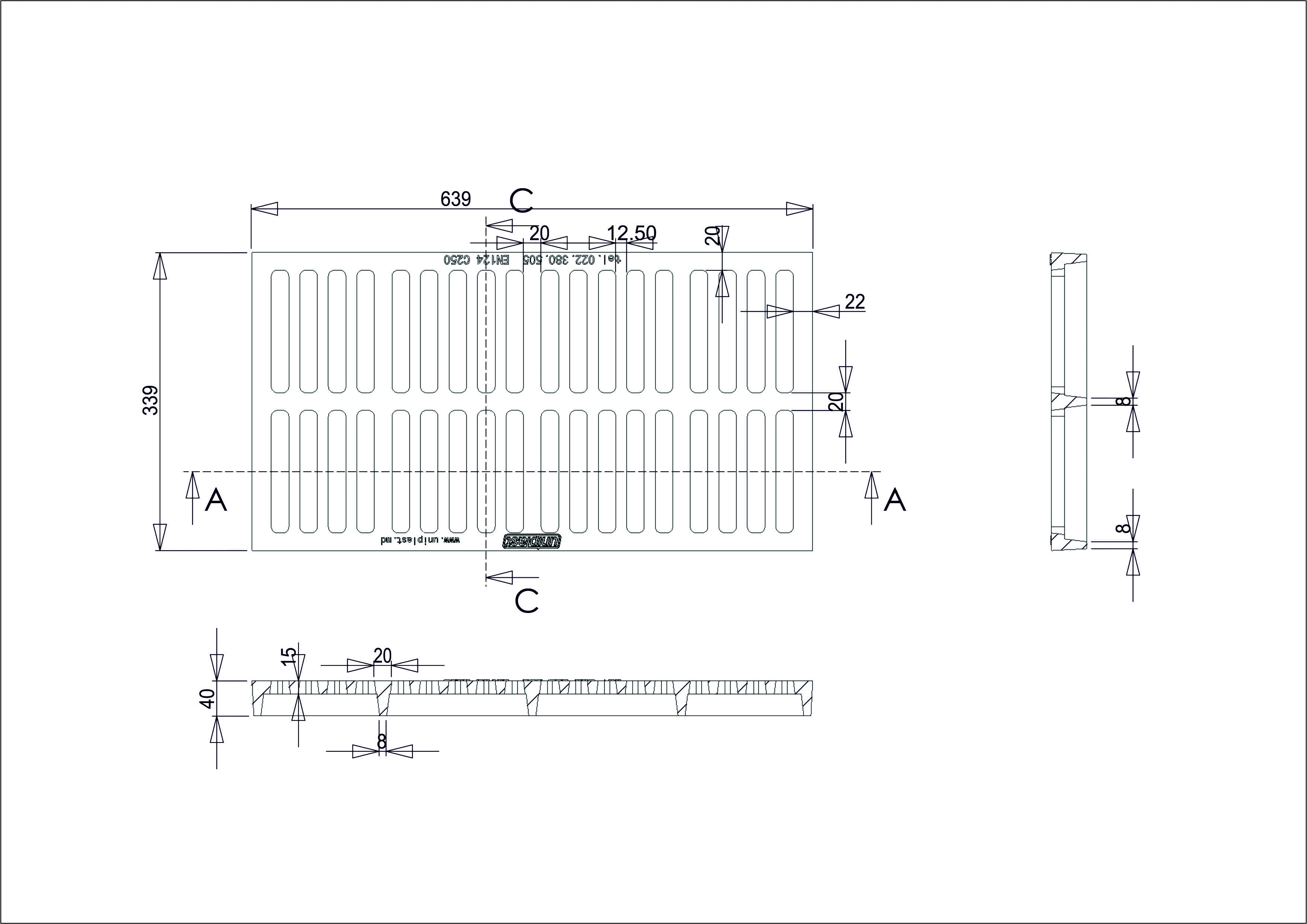 Решетка c рамой чугунная канализационная 340x640x40 мм EN124 C250 (450x750x70 мм)