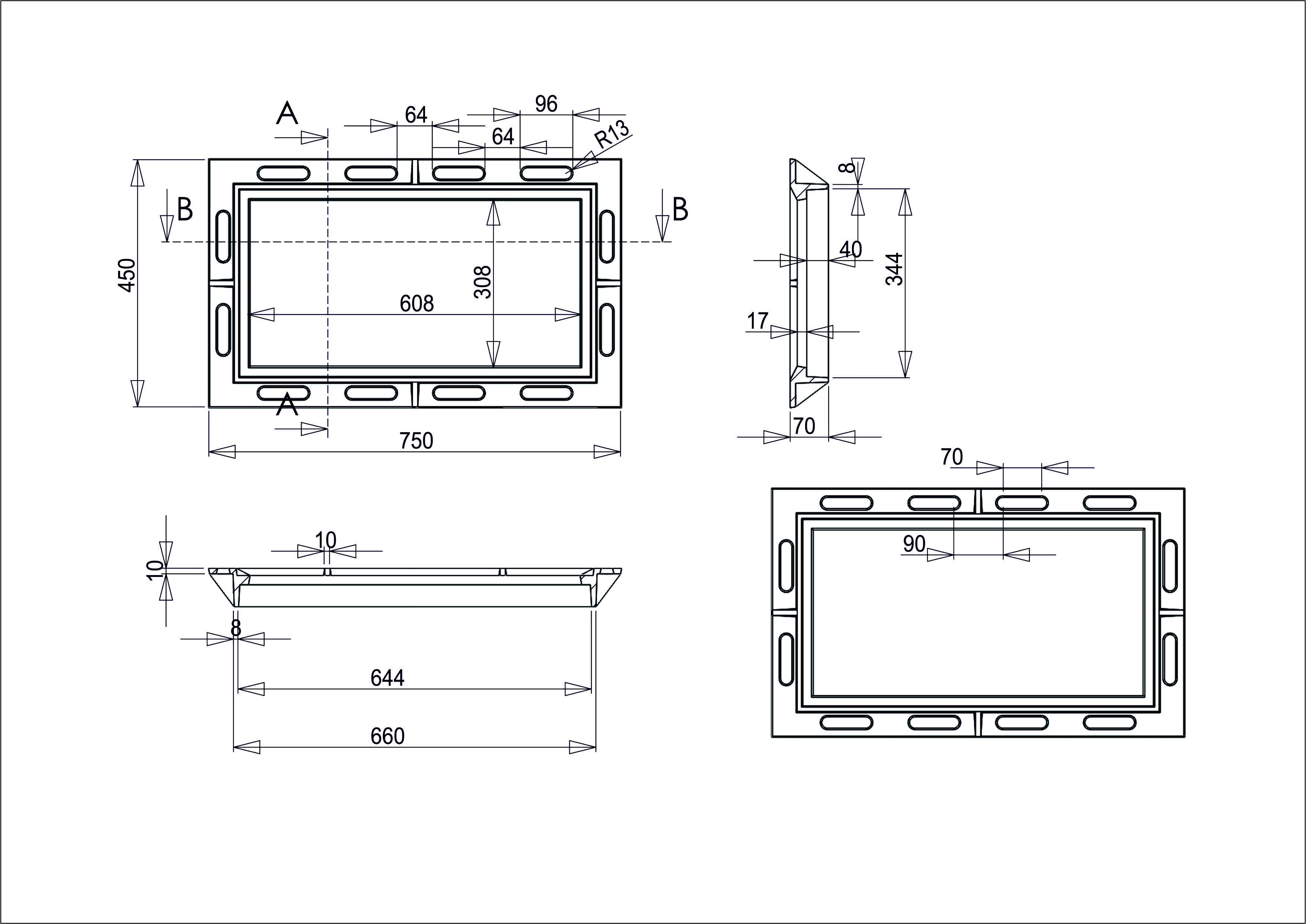 Решетка c рамой чугунная канализационная 340x640x40 мм EN124 C250 (450x750x70 мм)