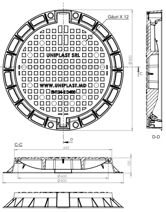 Люк чугунный вентилируемый D.600 EN-124 D400 50 кг (645x770x100 мм) TR