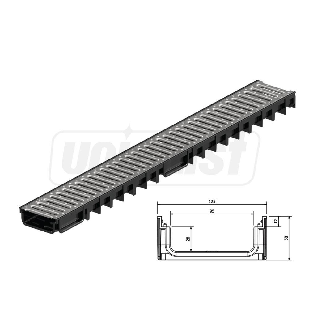 Rigola plastic (HDPE) cu grila din otel zincat 4ALL H50 100x30x1000 mm (otel zincat) A15 EN1433 (D.110, 75, 32)  MUFLESYSTEM