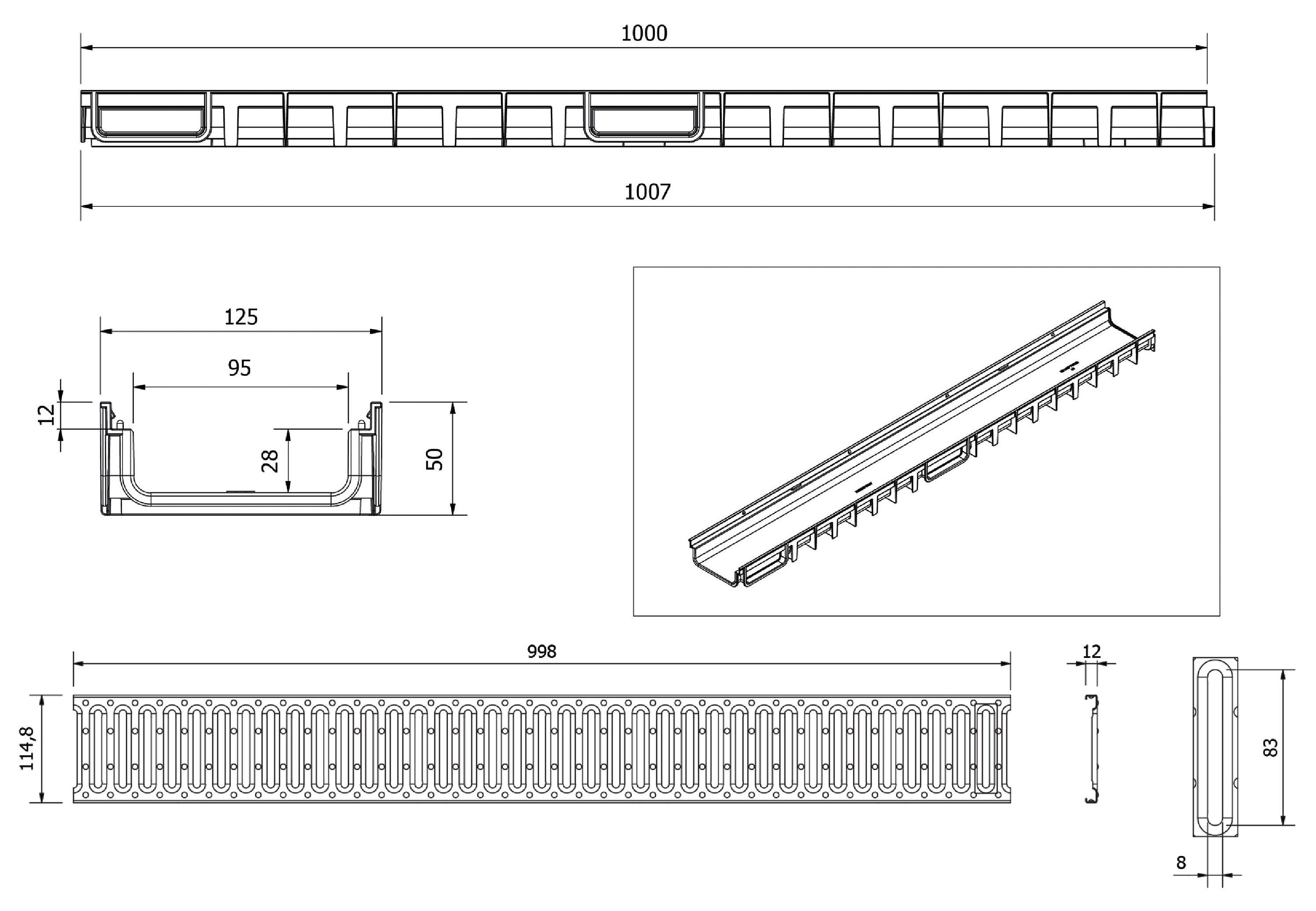 Решетка канализационная с лотком A15 HDPE 4ALL H50 100x30x1000 мм (сталь оцинкованная) EN1433 (D.110, 75, 32)  MUFLESYSTEM