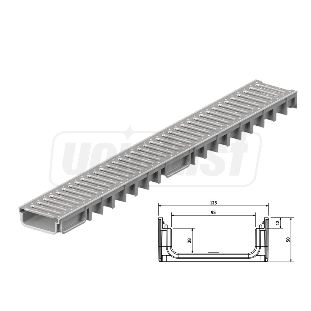 Rigola plastic (HDPE) cu grila din otel zincat H50 100x30x1000 mm (gri)  EN1433 (D.110, 75, 32)  MUFLESYSTEM