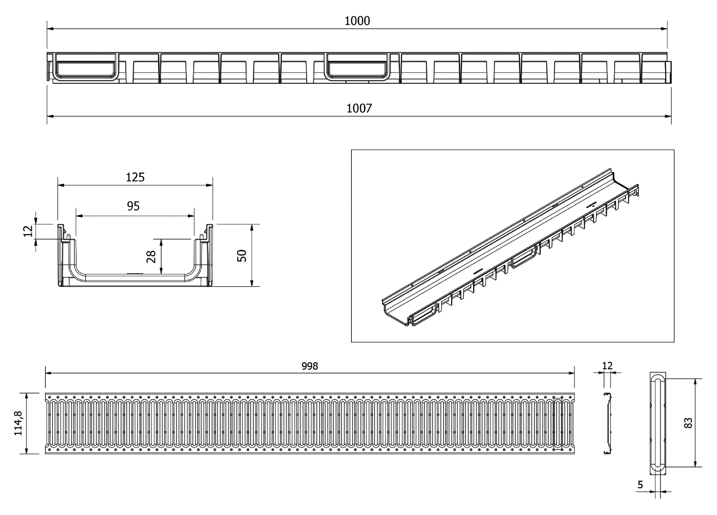 Rigola plastic (HDPE) cu grila din otel zincat H50 100x30x1000 mm (gri)  EN1433 (D.110, 75, 32)  MUFLESYSTEM
