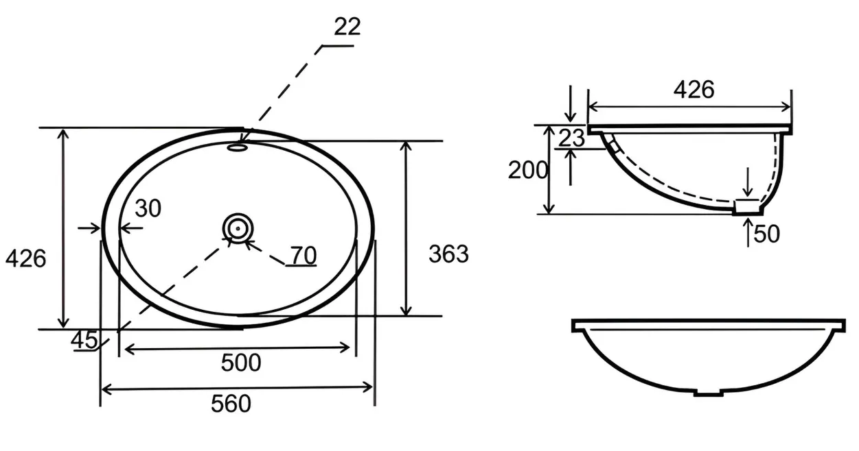Lavoar ceramica de mobilier oval 570 x 425 x 210 mm TR4008  CERANO