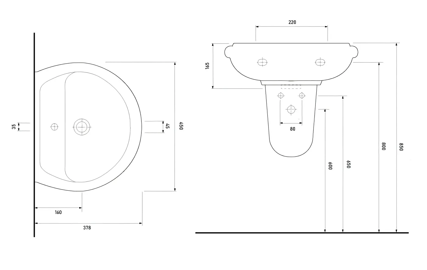 Умывальник без пьедестала полукруглый 450 x 375 x 165 мм LISSA EGE VITRIFIYE