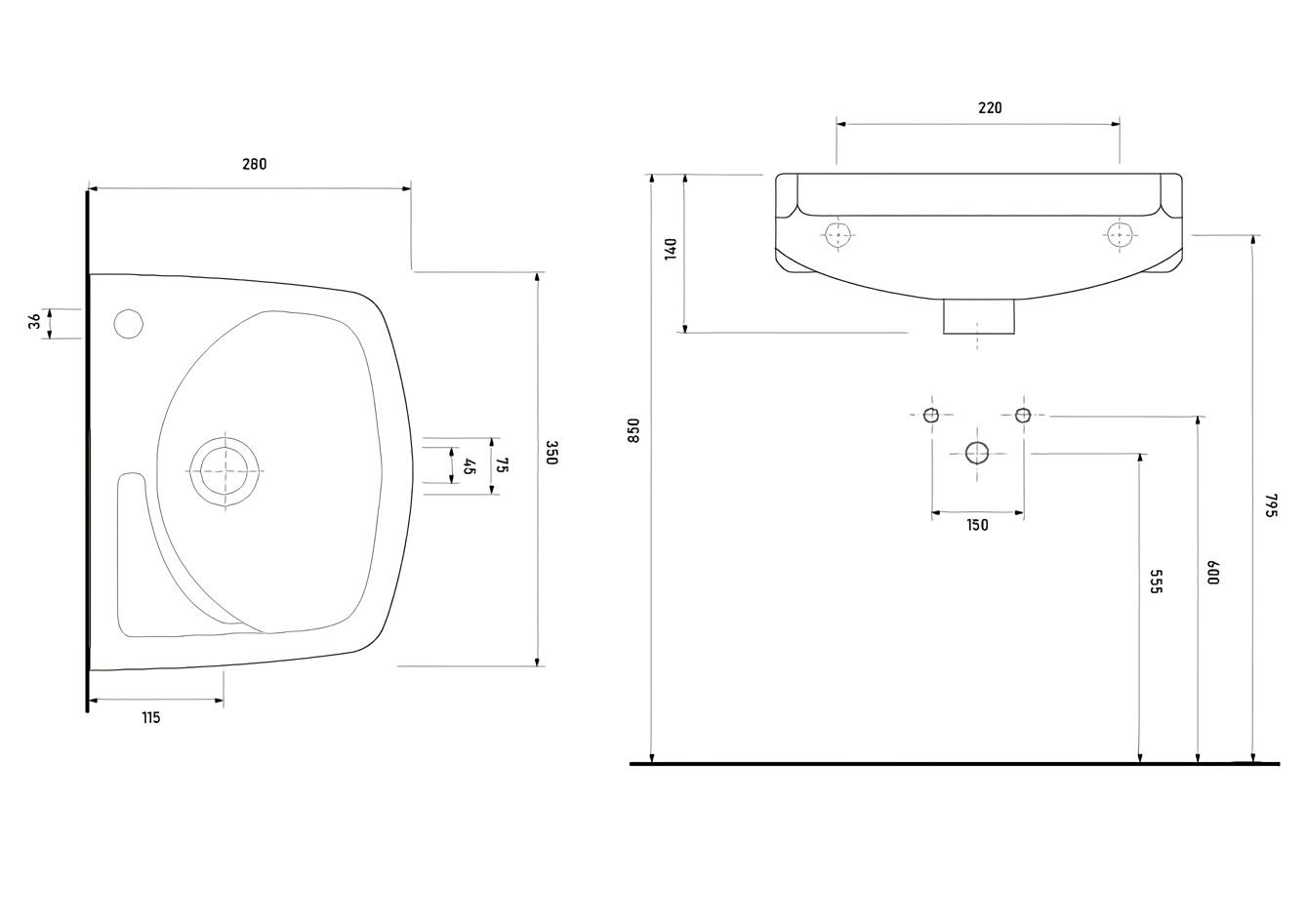 Lavoar fara piedestal semirotund 350 x 280 x 115 mm (orificiu pentru baterie în dreapta) LISSA  EGE VITRIFIYE