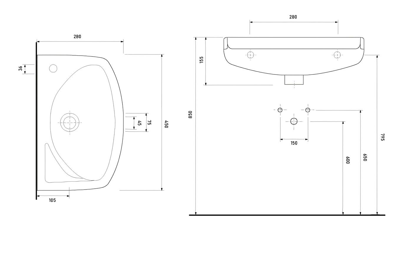 Lavoar dreptunghiular 450 x 280 x 103 mm (orificiu pentru baterie în dreapta) LISSA EGE VITRIFIYE