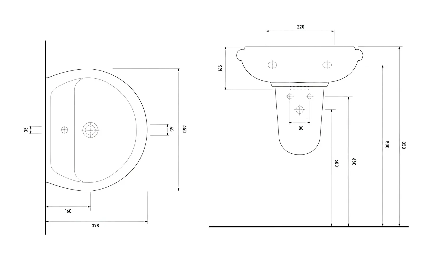 Умывальник без пьедестала полукруглый 500 x 400 x 120 мм  (отверстие под смеситель справа) LISSA  EGE VITRIFIYE