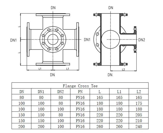 Крестовина двухплоскостная фланцевая чугунная под гидрант D. 80 x 80 x 80 PN16, L=330 мм (8 отверстий)  UNV