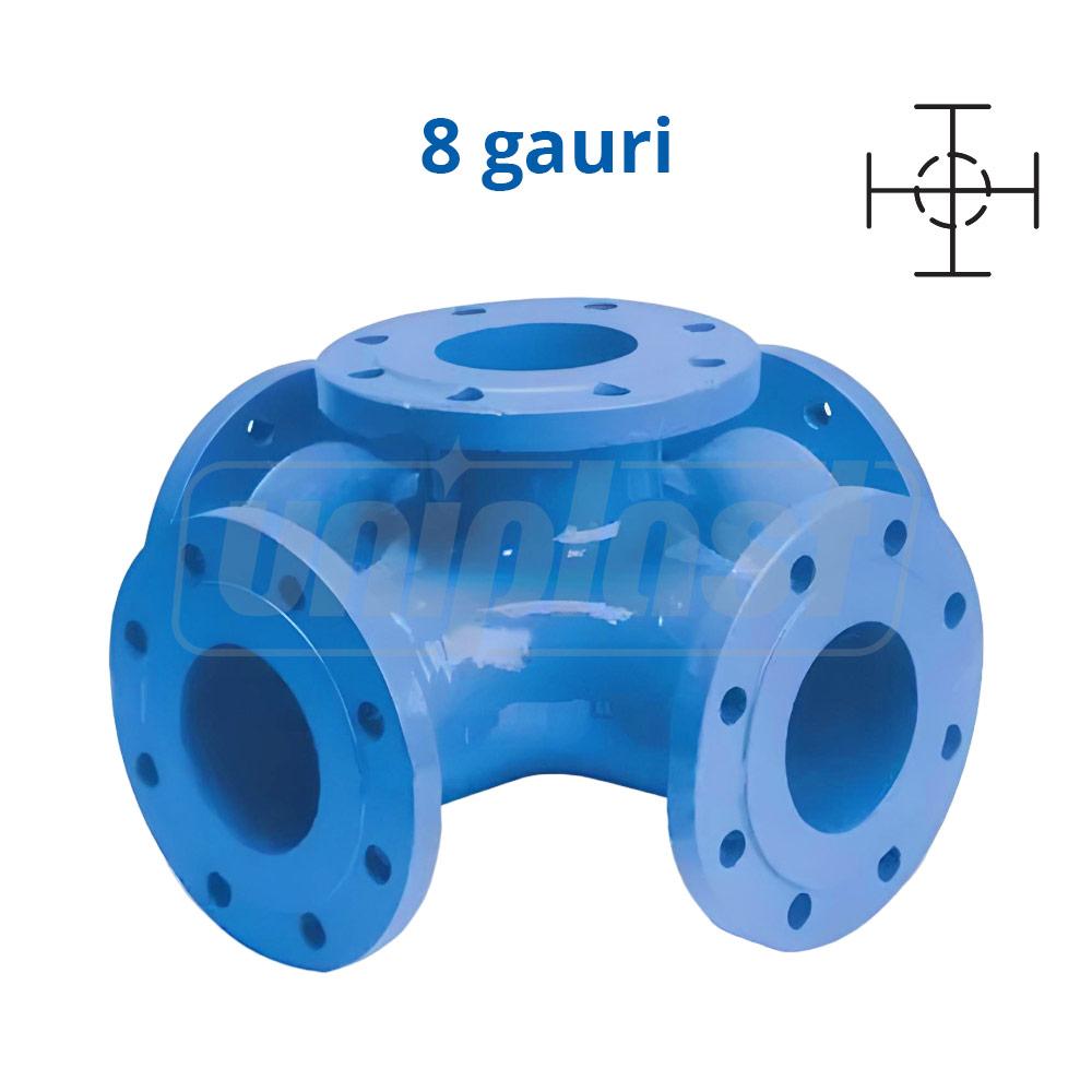 Cruce fonta cu 2 planuri cu flanse pentru hidrant D.200 x 200 x 100 PN16, L=520 mm (12/8 gauri)